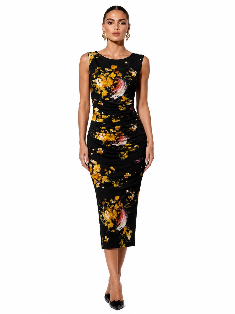 Dolce & Gabbana Black and Yellow Painted Floral Print Ruched Dress, IT 40 w/ COA